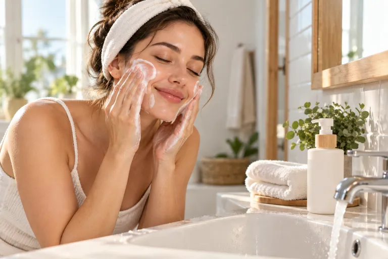 10 Clear Skin Tips for a Naturally Healthy Glow 2 Woman with a hair band massaging gentle cleanser onto her face at a bathroom sink as part of clear skin tips