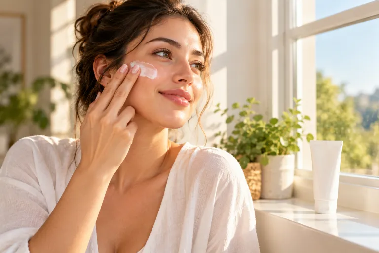 10 Clear Skin Tips for a Naturally Healthy Glow 4 Woman applying daily sunscreen to her cheek in soft morning window light for healthy clear skin