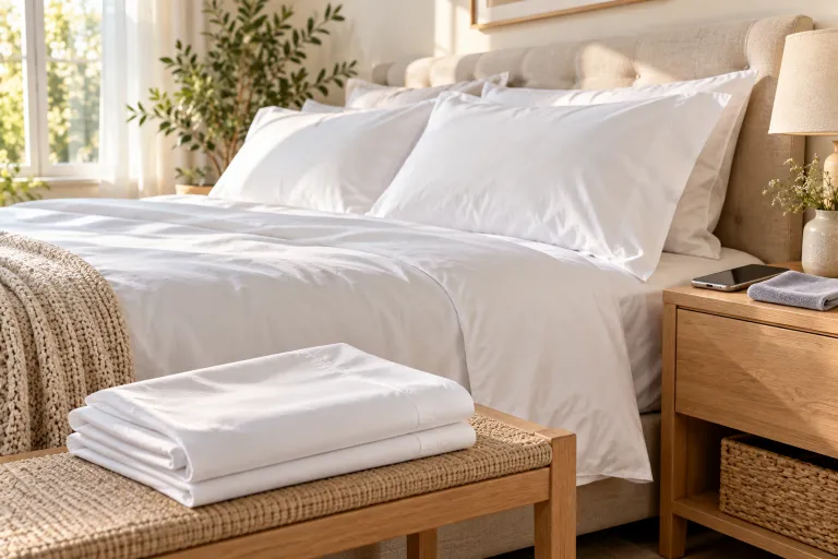 10 Clear Skin Tips for a Naturally Healthy Glow 6 Neatly made bed with a fresh white pillowcase and a spare set folded on a bench for clearer skin habits