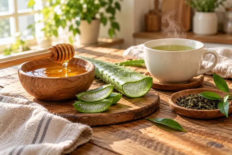 10 Clear Skin Tips for a Naturally Healthy Glow 8 Bowl of raw honey, halved aloe vera leaf, and green tea on a wooden table for gentle home skin remedies