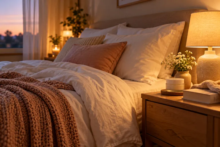 10 Clear Skin Tips for a Naturally Healthy Glow 10 Cozy bedroom at dusk with a lamp and moisturizer on the nightstand for a calming nighttime skincare routine