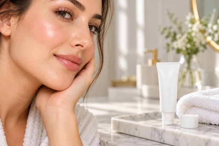 10 Azelaic Acid Benefits for Clearer, Brighter Skin 2 Woman's clear, dewy cheek beside an azelaic acid cream tube on a white marble tray
