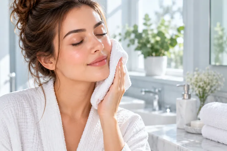 10 Azelaic Acid Benefits for Clearer, Brighter Skin 4 Woman with calm, even skin holding a cool washcloth to her cheek in a bright bathroom