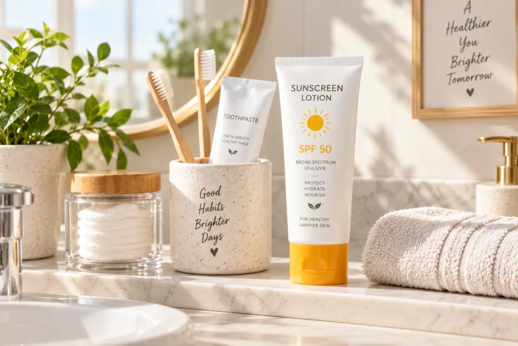 10 Sunscreen Lotion Secrets for Better Skin Care 10 Sunscreen lotion placed next to a toothbrush to build a daily habit