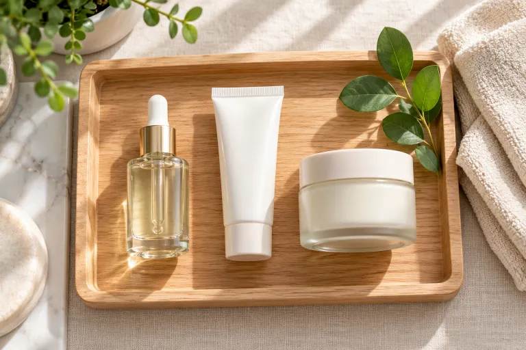 10 Azelaic Acid Benefits for Clearer, Brighter Skin 8 Flat lay of three skin care products in order on a wooden tray with a small green plant