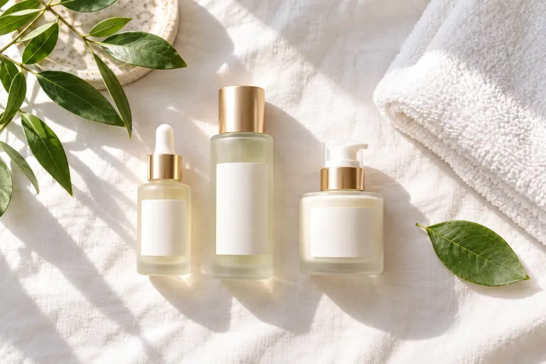 10 Salicylic Acid Tips for Clearer, Smoother Skin 2 Three salicylic acid bottles in different strengths arranged on a flat lay with a white towel and green leaf