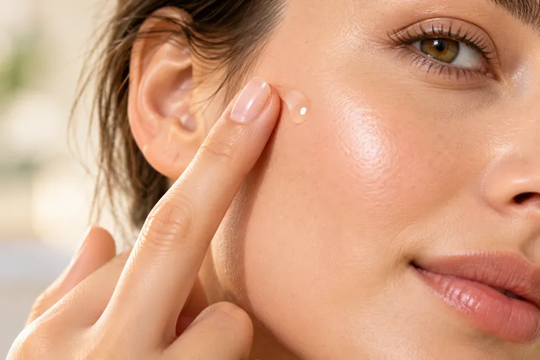 10 Salicylic Acid Tips for Clearer, Smoother Skin 4 Hand dabbing a small amount of serum on the jawline near the ear for a skincare patch test