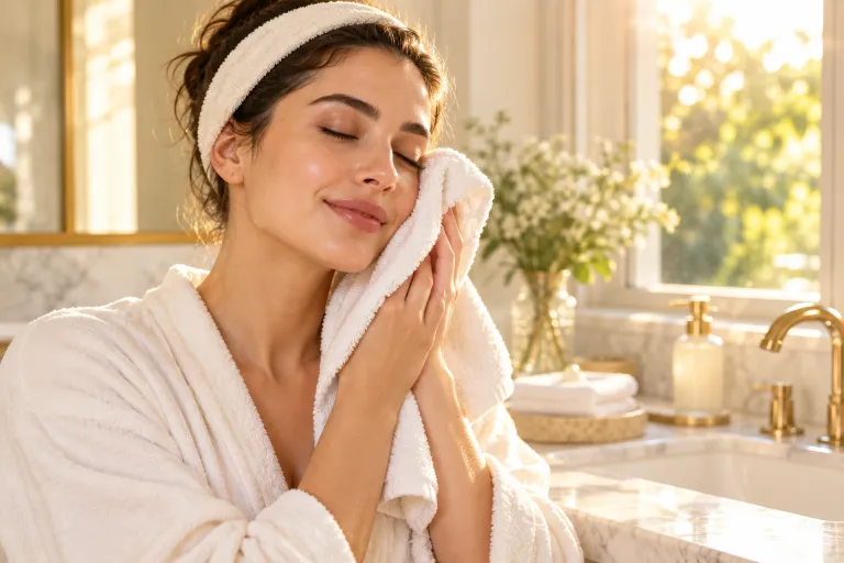 10 Salicylic Acid Tips for Clearer, Smoother Skin 6 Woman patting her face dry with a soft towel before applying skincare in warm morning light