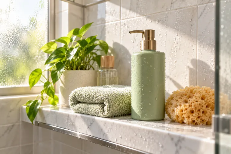 10 Salicylic Acid Tips for Clearer, Smoother Skin 10 Shower shelf with a salicylic acid body wash, washcloth, and small plant