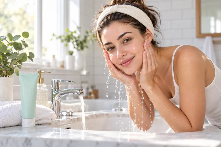 10 Acne Skincare Routine Tips for Clearer-Looking Skin 2 Woman rinsing her face at a bright bathroom sink with a gentle gel cleanser and white towel nearby