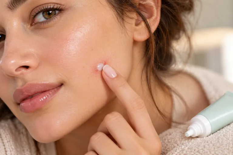 10 Acne Skincare Routine Tips for Clearer-Looking Skin 4 Fingertip applying a small dab of benzoyl peroxide spot treatment gel to a cheek blemish