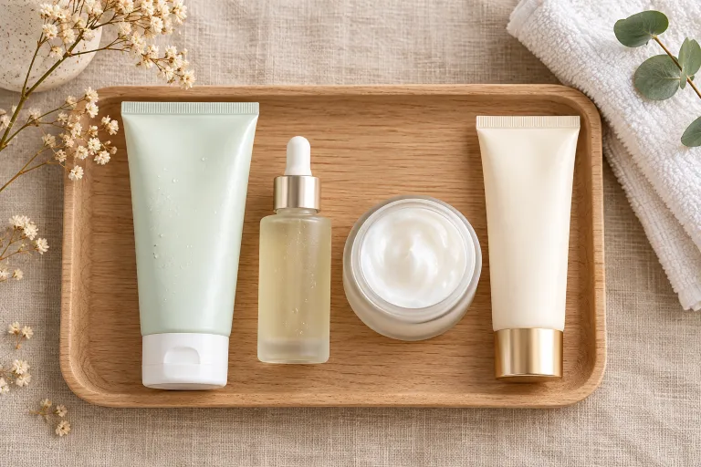 10 Acne Skincare Routine Tips for Clearer-Looking Skin 8 Flat lay of a simple four-step acne skincare routine on a beige tray