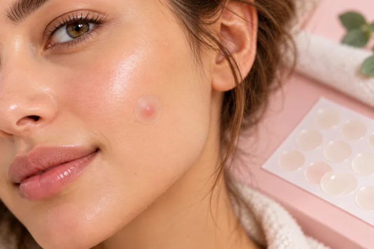 10 Acne Skincare Routine Tips for Clearer-Looking Skin 10 Clear hydrocolloid pimple patch on a cheek beside a sheet of extra patches