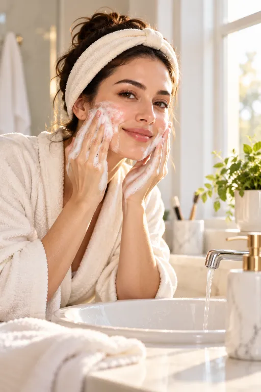 10 Acne Skin Tips for a Clearer, Smoother Look 2 Woman lathering a gentle cleanser at a bathroom sink as part of an acne skin cleansing routine