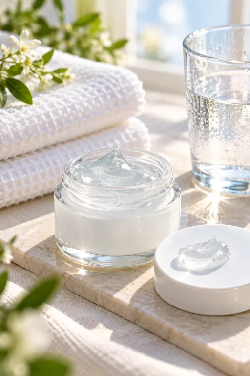 10 Acne Skin Tips for a Clearer, Smoother Look 4 Lightweight gel moisturizer in a small jar beside a folded towel and glass of water for oily acne skin