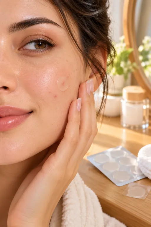 10 Acne Skin Tips for a Clearer, Smoother Look 6 Close-up of a clear pimple patch on a cheek, a gentle alternative to picking acne skin