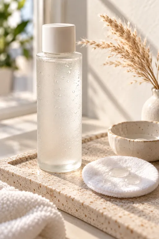 10 Acne Skin Tips for a Clearer, Smoother Look 8 Gentle exfoliating toner bottle and cotton pad on a neutral tray for safe chemical exfoliation of acne skin