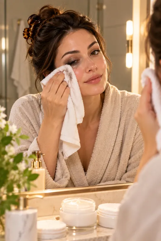 10 Acne Skin Tips for a Clearer, Smoother Look 10 Woman with hair in a claw clip gently removing makeup at night to keep acne skin clear