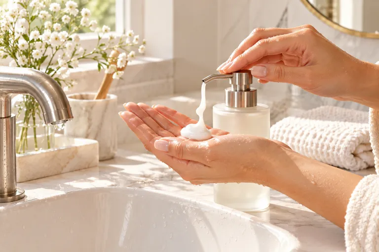 10 Clear Skin Routine Tips for Smooth, Glowing Skin 2 Hand pressing creamy gentle cleanser onto a wet palm beside a white bathroom sink