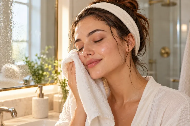 10 Clear Skin Routine Tips for Smooth, Glowing Skin 4 Woman gently patting her cheek dry with a soft white towel after washing her face