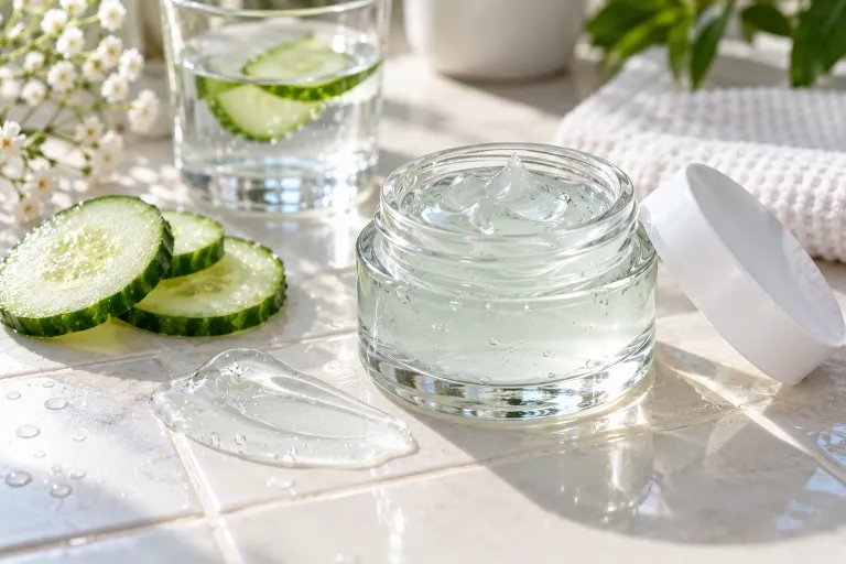 10 Clear Skin Routine Tips for Smooth, Glowing Skin 6 Lightweight gel moisturizer in a clear jar beside cucumber slices on a pale tile counter