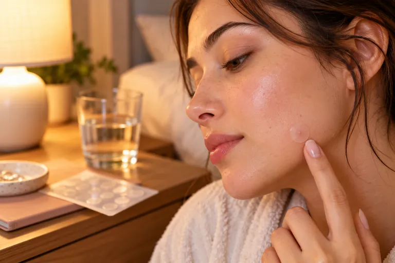 10 Clear Skin Routine Tips for Smooth, Glowing Skin 8 Close-up of a small pimple patch on a cheek with a patch sheet on a bedside table