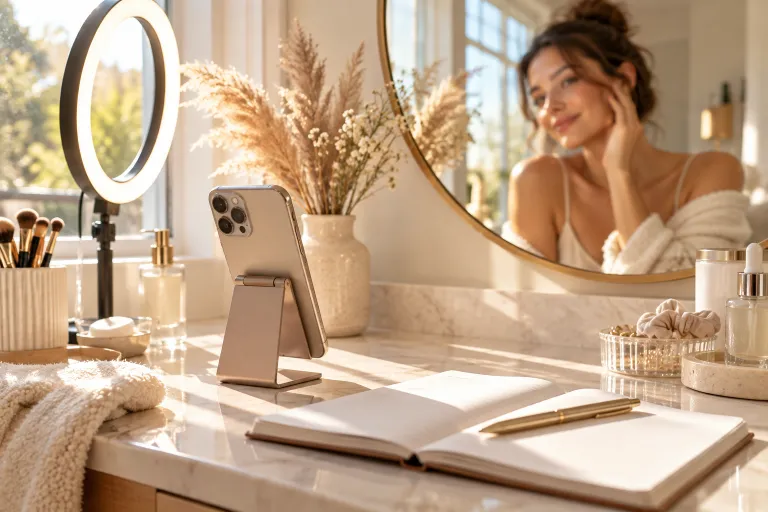 10 Clear Skin Routine Tips for Smooth, Glowing Skin 10 Phone on a vanity with a ring light and journal for taking skin progress photos