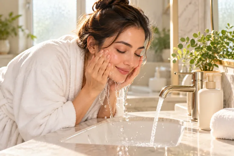 10 Real Skin Care Ideas for Naturally Glowing Skin 2 Woman in a white robe rinsing her face at a bright bathroom sink with a gentle cream cleanser nearby