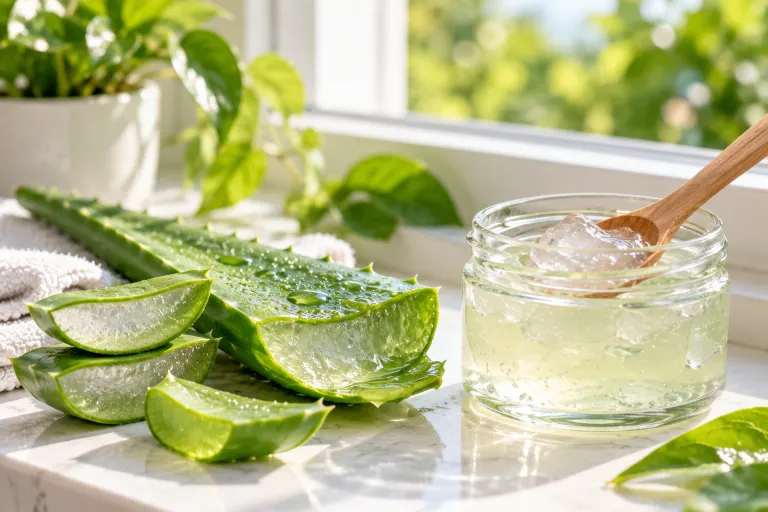10 Real Skin Care Ideas for Naturally Glowing Skin 4 Fresh aloe vera leaf beside a glass jar of clear aloe gel on a sunny windowsill