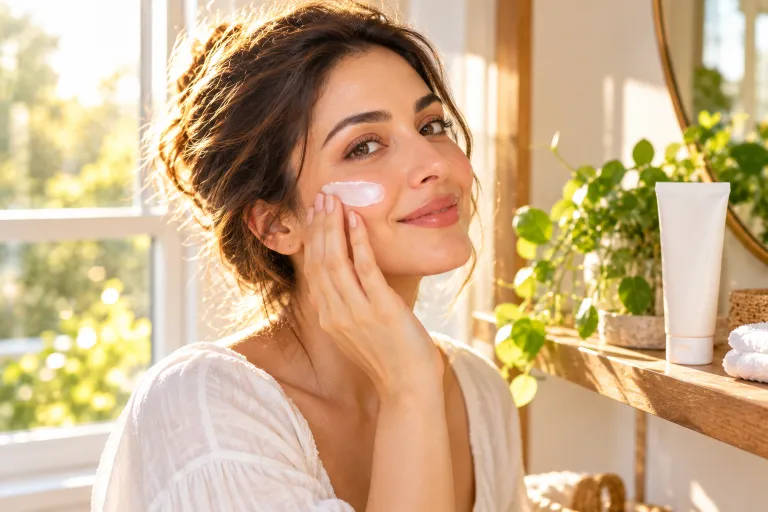 10 Real Skin Care Ideas for Naturally Glowing Skin 6 Woman applying daily sunscreen to her cheek near a sunlit window for protected, glowing skin