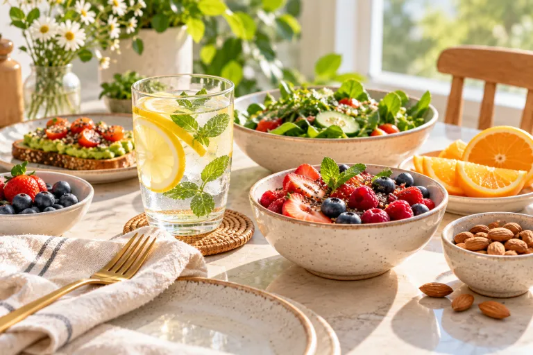 10 Real Skin Care Ideas for Naturally Glowing Skin 8 Healthy breakfast table with berries, almonds, oranges, and lemon water to support glowing skin
