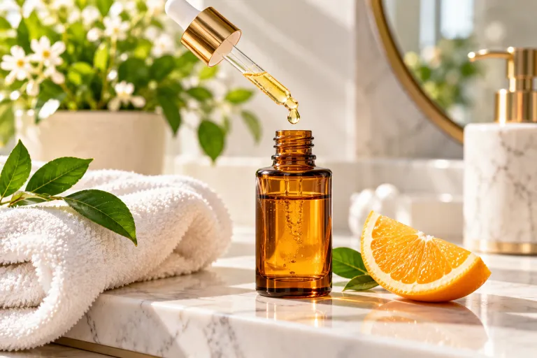 10 Real Skin Care Ideas for Naturally Glowing Skin 10 Amber dropper bottle of serum on a marble shelf beside a folded washcloth and orange slice