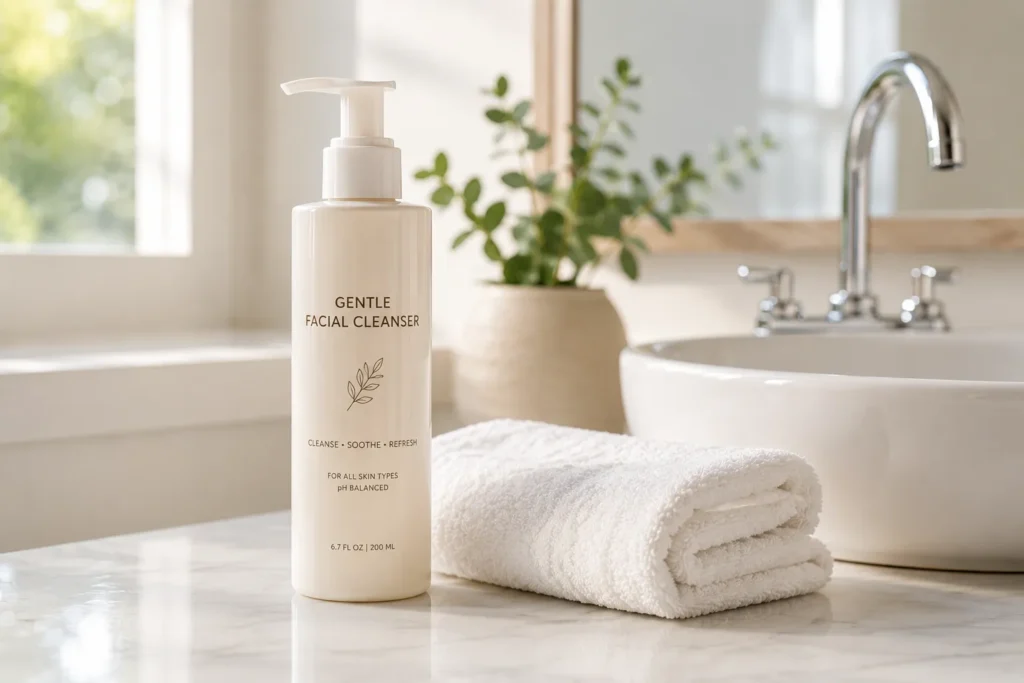 10 Beach Skincare Must-Haves for Healthy Summer Skin 8 Gentle facial cleanser bottle with folded washcloth by sink