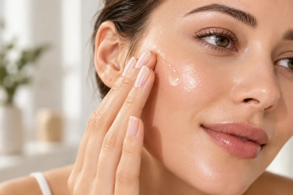 10 Face Hydration Tips for Soft, Glowing Skin 2 Woman applying hyaluronic acid serum to cheek for face hydration