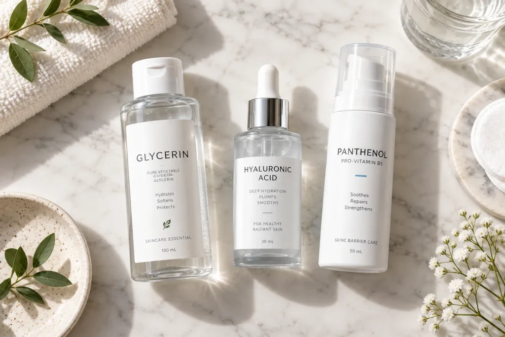10 Face Hydration Tips for Soft, Glowing Skin 4 Glycerin, hyaluronic acid, and panthenol skin care bottles flat lay