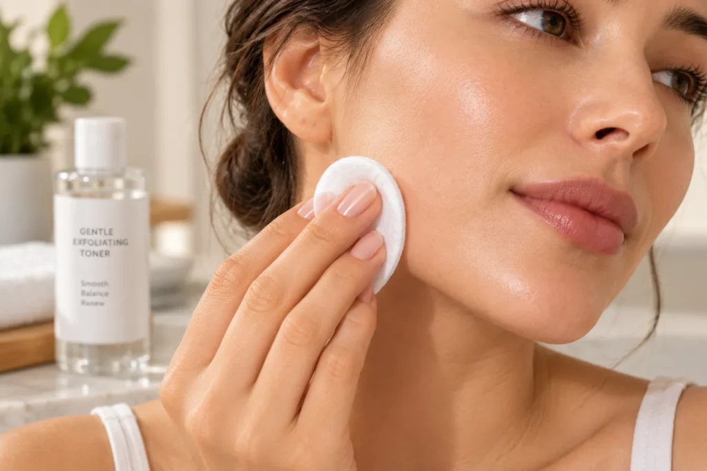 10 Face Hydration Tips for Soft, Glowing Skin 10 Gentle chemical exfoliant applied with cotton pad on jawline