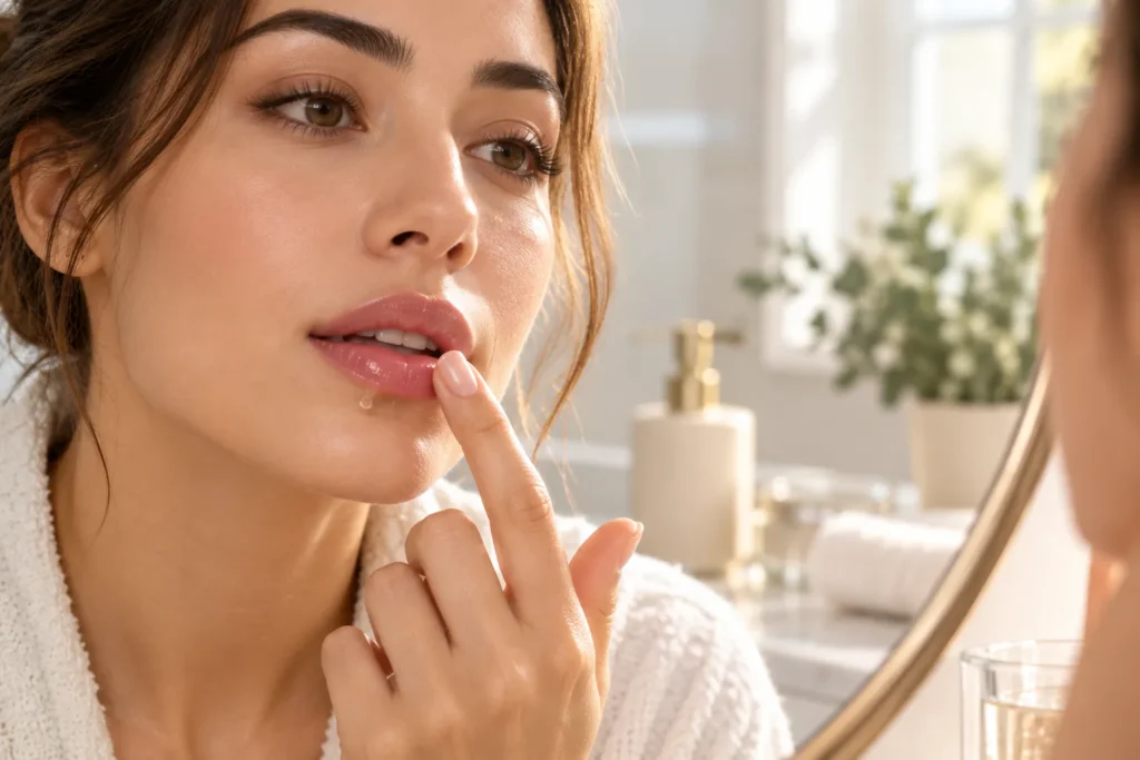 10 Hydrating Lip Balm Tips for Smooth, Soft Lips 4 Woman patting water onto lips before applying hydrating lip balm
