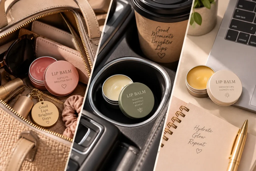 10 Hydrating Lip Balm Tips for Smooth, Soft Lips 6 Lip balm tins kept in a bag, car, and desk to prevent lip licking habit