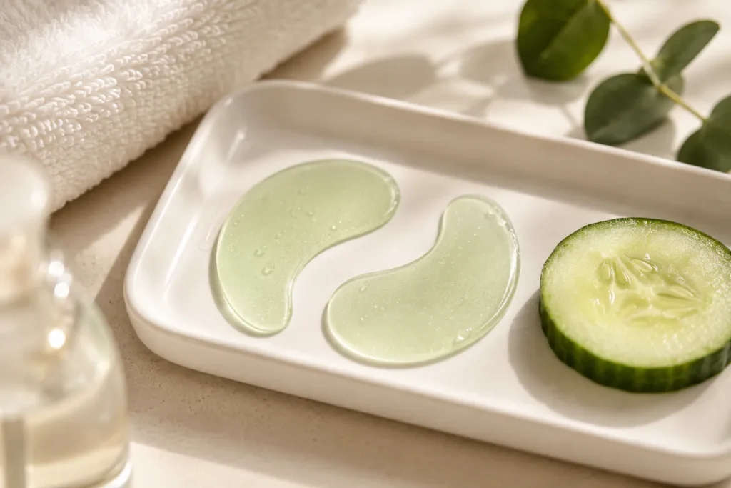10 Beach Skincare Must-Haves for Healthy Summer Skin 10 Hydrogel under eye patches on tray with cucumber slice