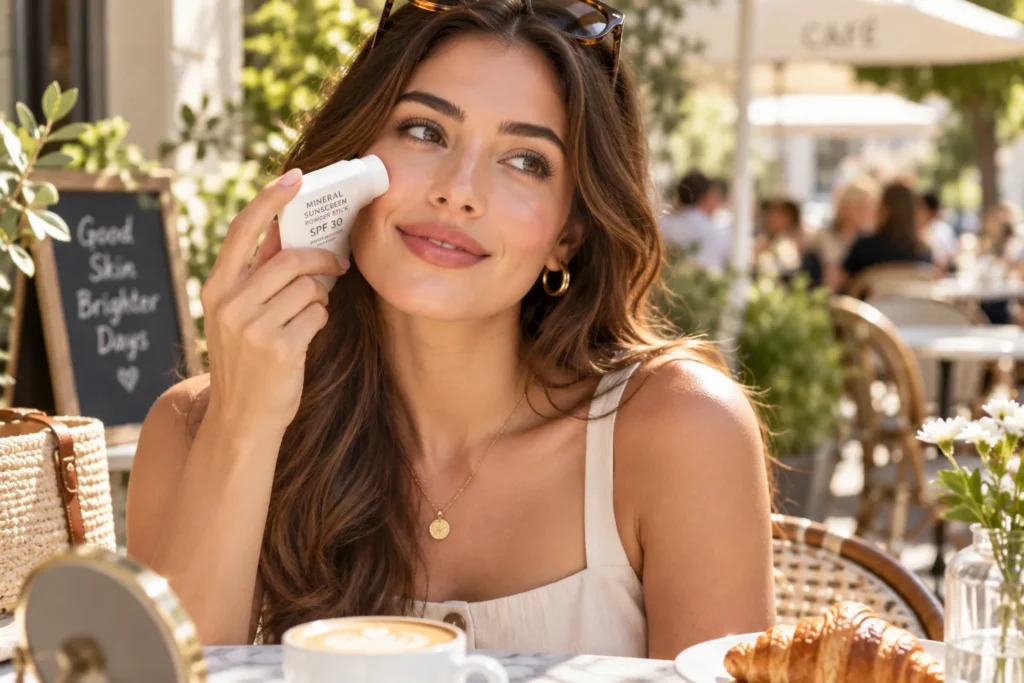 10 UV Sunscreen Tips for Healthy, Glowing Skin 4 Woman reapplying mineral sunscreen powder over makeup outdoors