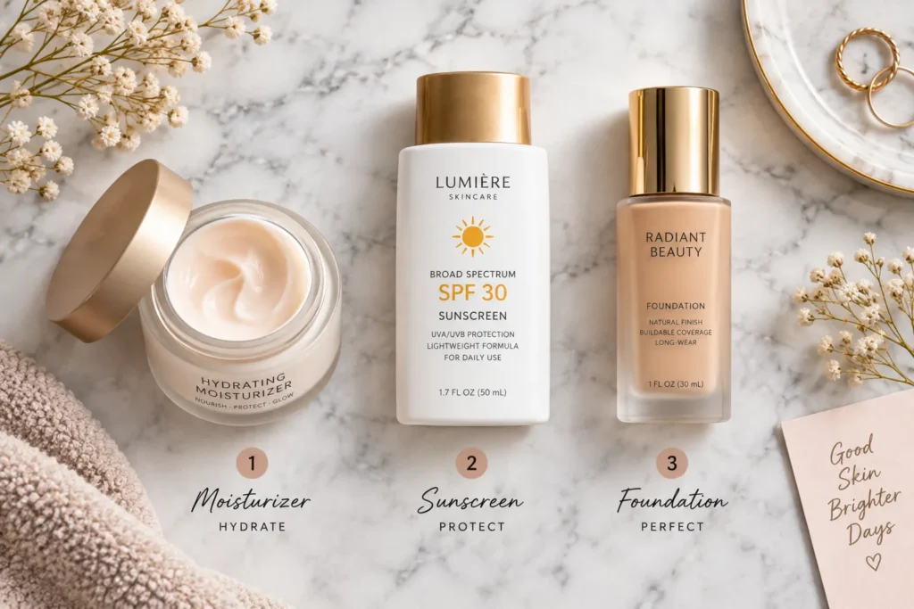 10 UV Sunscreen Tips for Healthy, Glowing Skin 6 Skincare and makeup products arranged in correct sunscreen application order