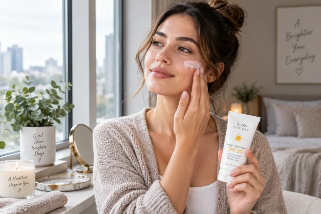 10 UV Sunscreen Tips for Healthy, Glowing Skin 8 Woman applying sunscreen indoors on a cloudy overcast day