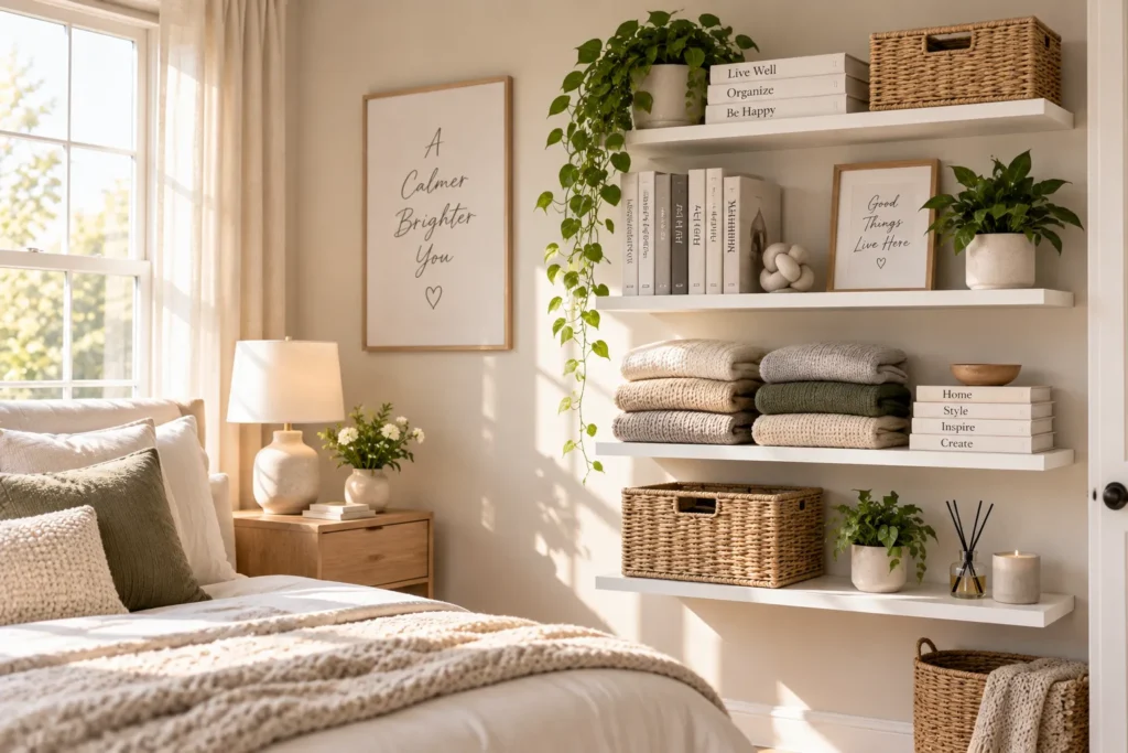 10 Simple Storage Ideas to Organize Every Room 2 Tall white wall shelf holding folded sweaters, books, and a small plant