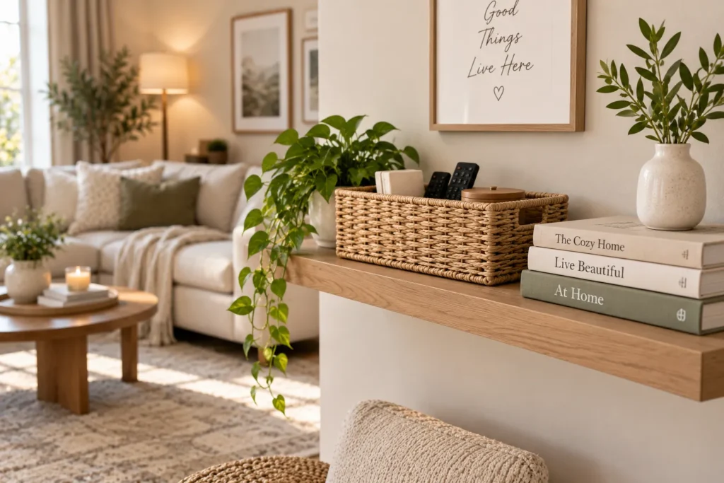 10 Simple Storage Ideas to Organize Every Room 4 Neutral woven basket on a living room shelf beside books and a vase