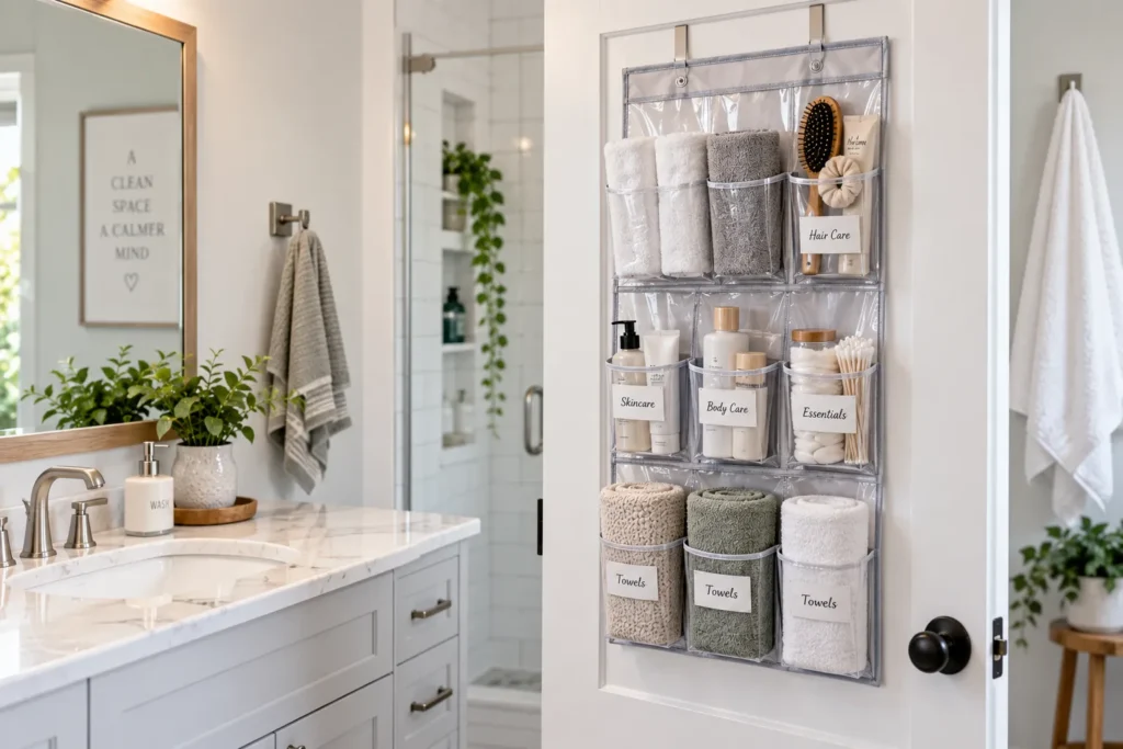 10 Simple Storage Ideas to Organize Every Room 6 Over-the-door organizer holding rolled towels and toiletrie
