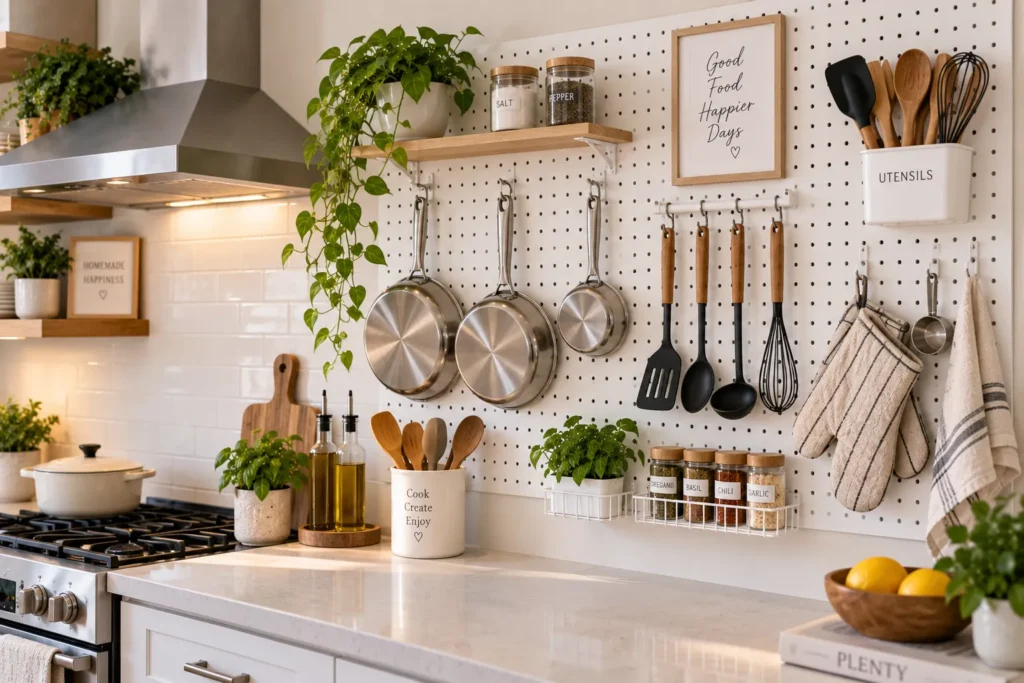 10 Simple Storage Ideas to Organize Every Room 10 White pegboard in a kitchen holding pots and cooking tools