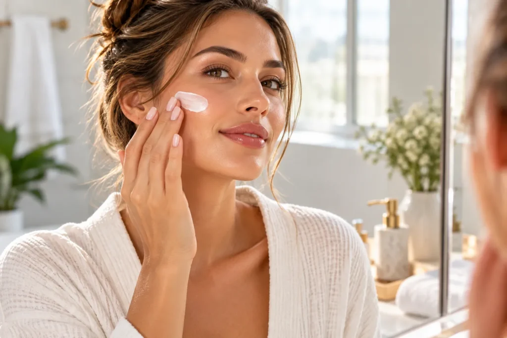 10 Summer Sunscreen Rules for Better UV Protection 2 Woman applying a generous amount of sunscreen to her face in morning light