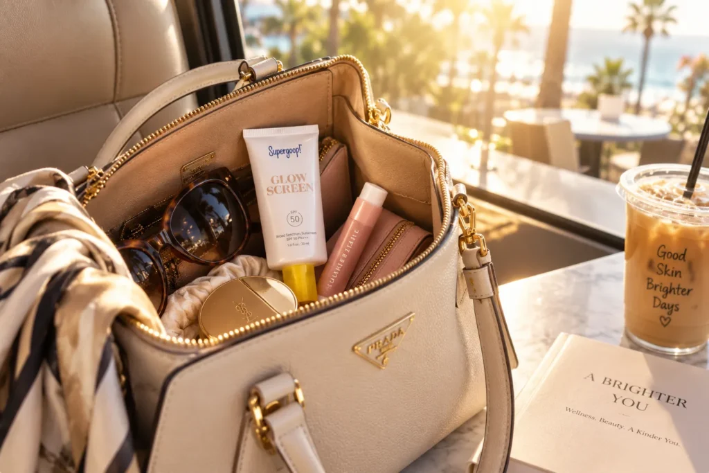 10 Summer Sunscreen Rules for Better UV Protection 4 Travel size sunscreen in an open handbag for easy reapplicationAspect Ratio: Horizontal 3:2