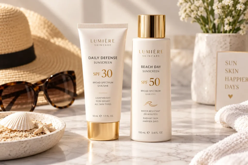 10 Summer Sunscreen Rules for Better UV Protection 6 SPF 30 and SPF 50 sunscreen bottles compared side by side