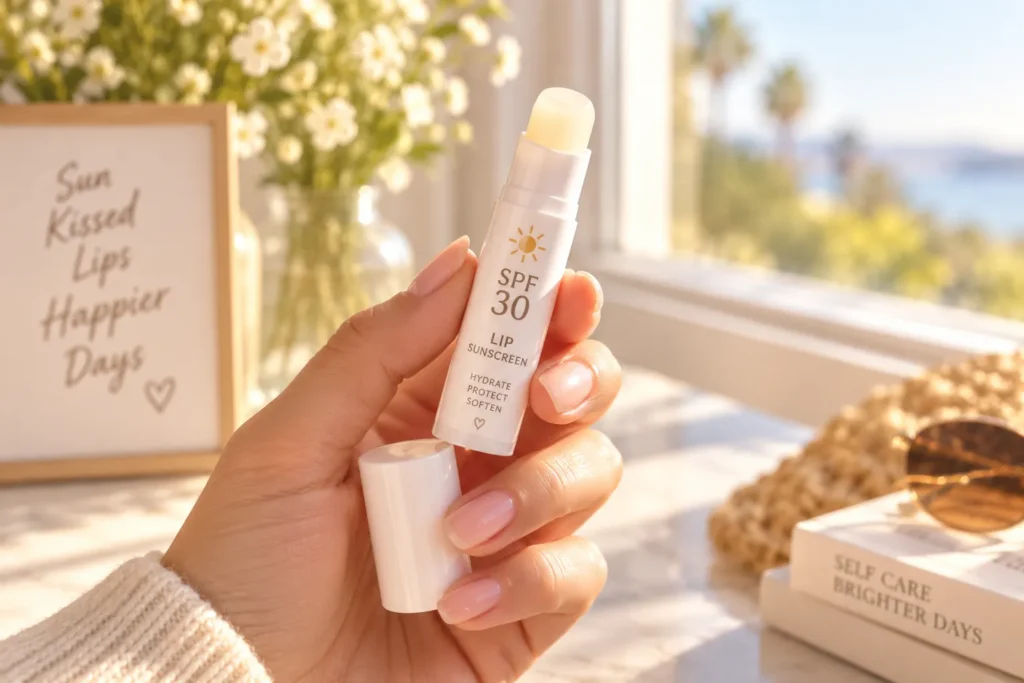 10 Best Lip Sunscreen Tips for Everyday Protection 2 Hand holding SPF 30 lip balm tube near sunny window